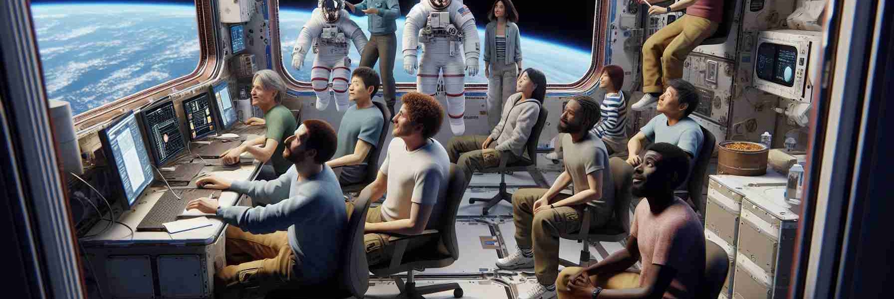 A realistic, high-definition image of a multi-ethnic group of astronauts experiencing an unexpected extended stay at the International Space Station. The scene should capture the varied emotions and reactions that such a situation might evoke - a sense of camaraderie, resilience, and adaptability. The astronauts should be engaged in a variety of activities that reflect their unexpected extended stay, such as using scientific equipment, interacting with each other, exercising, and looking at the Earth from a window.