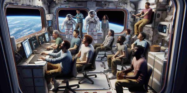 A realistic, high-definition image of a multi-ethnic group of astronauts experiencing an unexpected extended stay at the International Space Station. The scene should capture the varied emotions and reactions that such a situation might evoke - a sense of camaraderie, resilience, and adaptability. The astronauts should be engaged in a variety of activities that reflect their unexpected extended stay, such as using scientific equipment, interacting with each other, exercising, and looking at the Earth from a window.