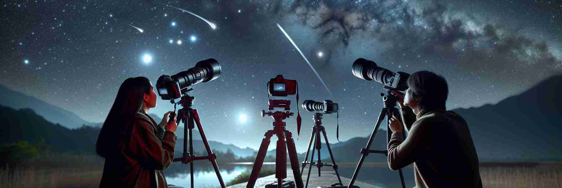 A high definition, realistic image capturing the essence of nighttime exploration. In the foreground, a South Asian woman and a Hispanic man, both astrophotography enthusiasts, are stationed with their photography equipment. They are aiming their cameras towards the night sky which is studded with countless stars, constellations, and possibly a comet. The surrounding environment is calm and dark, allowing for an unspoiled view of the cosmic panorama above. Emphasis on the complexity of camera settings, angles and rig setups, illustrating the dedication and skill inherent in astrophotography.