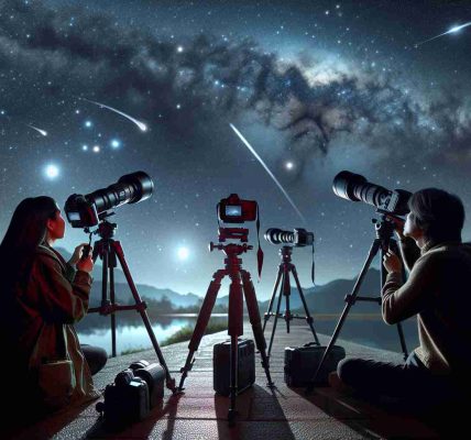 A high definition, realistic image capturing the essence of nighttime exploration. In the foreground, a South Asian woman and a Hispanic man, both astrophotography enthusiasts, are stationed with their photography equipment. They are aiming their cameras towards the night sky which is studded with countless stars, constellations, and possibly a comet. The surrounding environment is calm and dark, allowing for an unspoiled view of the cosmic panorama above. Emphasis on the complexity of camera settings, angles and rig setups, illustrating the dedication and skill inherent in astrophotography.