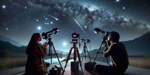 A high definition, realistic image capturing the essence of nighttime exploration. In the foreground, a South Asian woman and a Hispanic man, both astrophotography enthusiasts, are stationed with their photography equipment. They are aiming their cameras towards the night sky which is studded with countless stars, constellations, and possibly a comet. The surrounding environment is calm and dark, allowing for an unspoiled view of the cosmic panorama above. Emphasis on the complexity of camera settings, angles and rig setups, illustrating the dedication and skill inherent in astrophotography.