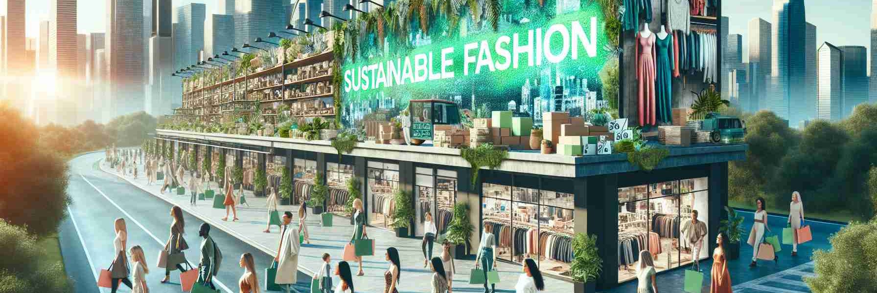 Generate a realistic, high-definition image depicting the emergence of sustainable fashion in urban cities. Picture a city skyline with trendy eco-friendly stores populating the streets. Individuals of various descents and genders can be seen shopping, each carrying reusable bags filled with ethical clothing. Renewable energy sources like wind turbines and solar panels are integrated within the cityscape. A billboard proclaims 'Sustainable Fashion - The Future of Clothing' in bright, eco-friendly green letters.