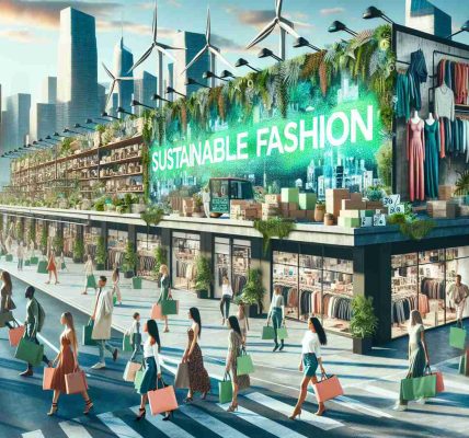 Generate a realistic, high-definition image depicting the emergence of sustainable fashion in urban cities. Picture a city skyline with trendy eco-friendly stores populating the streets. Individuals of various descents and genders can be seen shopping, each carrying reusable bags filled with ethical clothing. Renewable energy sources like wind turbines and solar panels are integrated within the cityscape. A billboard proclaims 'Sustainable Fashion - The Future of Clothing' in bright, eco-friendly green letters.