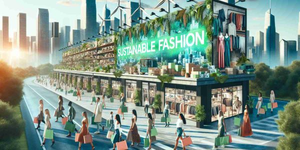 Generate a realistic, high-definition image depicting the emergence of sustainable fashion in urban cities. Picture a city skyline with trendy eco-friendly stores populating the streets. Individuals of various descents and genders can be seen shopping, each carrying reusable bags filled with ethical clothing. Renewable energy sources like wind turbines and solar panels are integrated within the cityscape. A billboard proclaims 'Sustainable Fashion - The Future of Clothing' in bright, eco-friendly green letters.