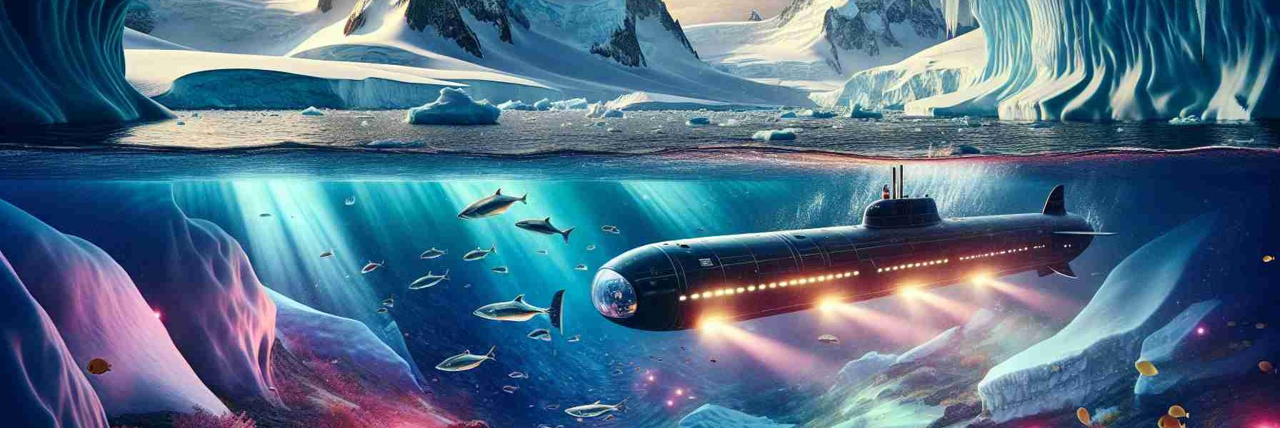 A realistic HD photo depicting a journey beneath West Antarctica's ice shelf using a submarine. The scene should highlight stirring moments of exploration and unexpected discoveries. Submerged under mighty mountains of ice, the submarine ventures through a world seldom seen by human eyes – the submerged wonderland of West Antarctica. Vivid colors reflect from the ice surfaces as synthetic lights from the submersible illuminate a path. Exotic marine life, previously undiscovered due to harsh climates, make an appearance in this underwater realm. The discovery of unique geological formations is also an integral part of this journey.