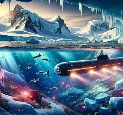 A realistic HD photo depicting a journey beneath West Antarctica's ice shelf using a submarine. The scene should highlight stirring moments of exploration and unexpected discoveries. Submerged under mighty mountains of ice, the submarine ventures through a world seldom seen by human eyes – the submerged wonderland of West Antarctica. Vivid colors reflect from the ice surfaces as synthetic lights from the submersible illuminate a path. Exotic marine life, previously undiscovered due to harsh climates, make an appearance in this underwater realm. The discovery of unique geological formations is also an integral part of this journey.