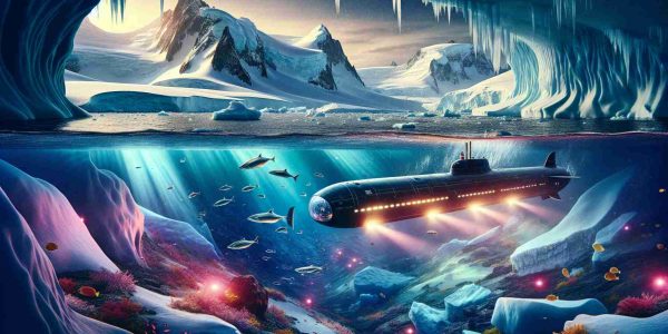 A realistic HD photo depicting a journey beneath West Antarctica's ice shelf using a submarine. The scene should highlight stirring moments of exploration and unexpected discoveries. Submerged under mighty mountains of ice, the submarine ventures through a world seldom seen by human eyes – the submerged wonderland of West Antarctica. Vivid colors reflect from the ice surfaces as synthetic lights from the submersible illuminate a path. Exotic marine life, previously undiscovered due to harsh climates, make an appearance in this underwater realm. The discovery of unique geological formations is also an integral part of this journey.