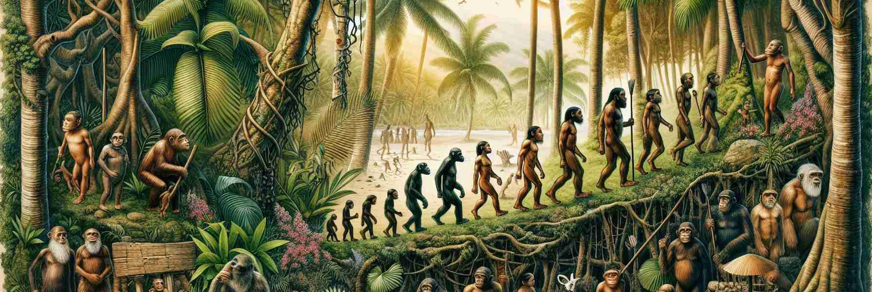 Produce a high-resolution, photo-realistic image capturing the enigmatic beginnings of the diminutive humans who once resided on the Island of Flores. Depict elements related to early human evolution, the ancient lifestyle and the tropical ecosystem of the Southeast Asian island.