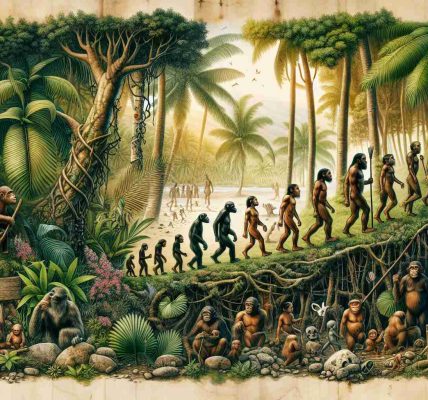 Produce a high-resolution, photo-realistic image capturing the enigmatic beginnings of the diminutive humans who once resided on the Island of Flores. Depict elements related to early human evolution, the ancient lifestyle and the tropical ecosystem of the Southeast Asian island.