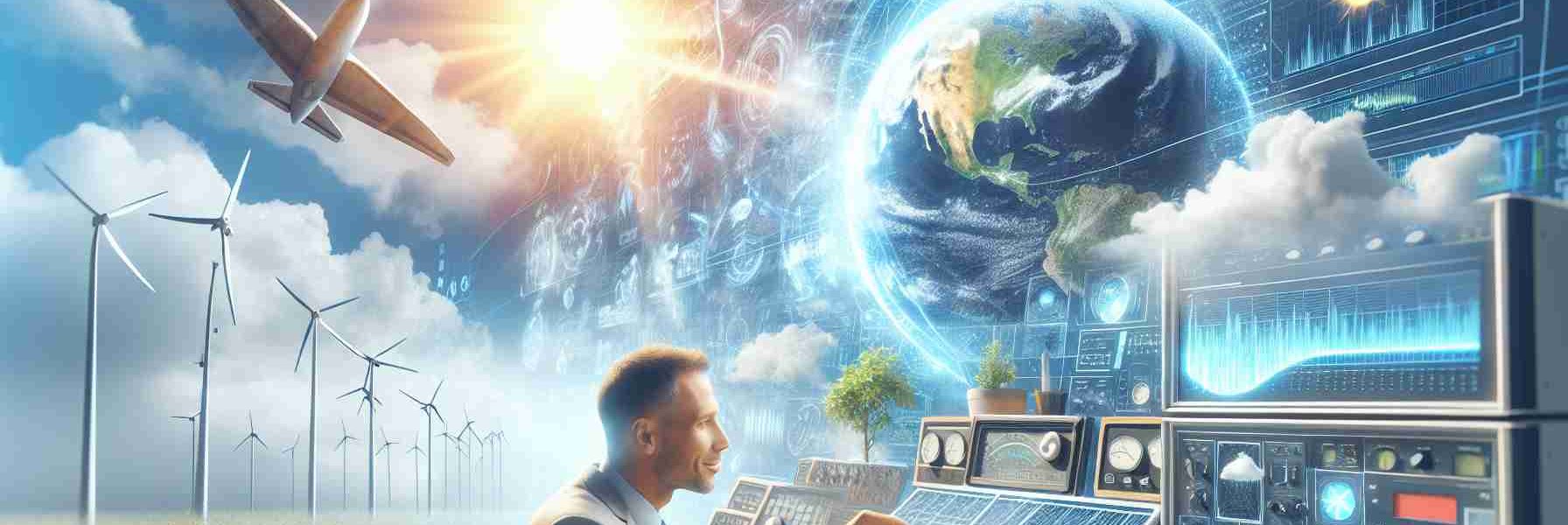 Generate a high-definition, realistic image representing reassurance in climate forecasting. Include elements such as a bright, sunny sky highlighting positive weather conditions, and a meteorologist with an affirmative facial expression studying a high-tech weather forecasting machine. Also depict some elements of sustainable energy like solar panels and windmills, showing humanity's efforts to combat climate change.