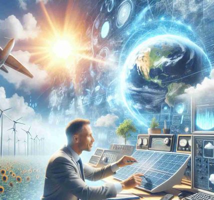 Generate a high-definition, realistic image representing reassurance in climate forecasting. Include elements such as a bright, sunny sky highlighting positive weather conditions, and a meteorologist with an affirmative facial expression studying a high-tech weather forecasting machine. Also depict some elements of sustainable energy like solar panels and windmills, showing humanity's efforts to combat climate change.