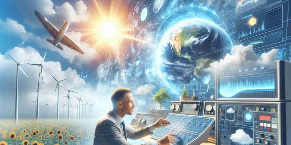 Generate a high-definition, realistic image representing reassurance in climate forecasting. Include elements such as a bright, sunny sky highlighting positive weather conditions, and a meteorologist with an affirmative facial expression studying a high-tech weather forecasting machine. Also depict some elements of sustainable energy like solar panels and windmills, showing humanity's efforts to combat climate change.