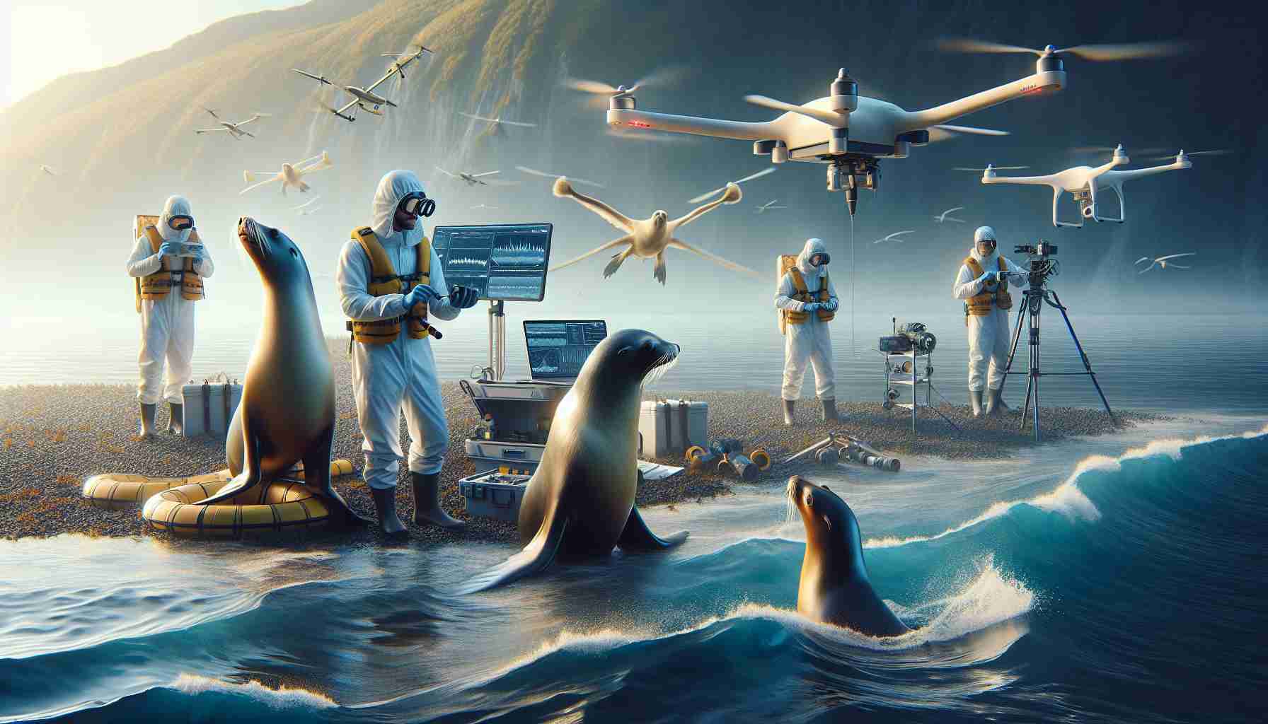 Create a high-definition, realistic image that encapsulates the concept of 'Exploring New Frontiers: Innovations in Sea Lion Research'. The scene should include state-of-the-art research tools and equipment, a couple of sea lions in their natural habitat, with scientists of different genders and descents including Caucasian and Black, actively engaged in their study. The researchers are using innovative methods to study the sea lions, perhaps using drones or satellite tracking devices. The environment should be marine, perhaps near a coast, clearly indicating the exploration of new boundaries in marine biology.