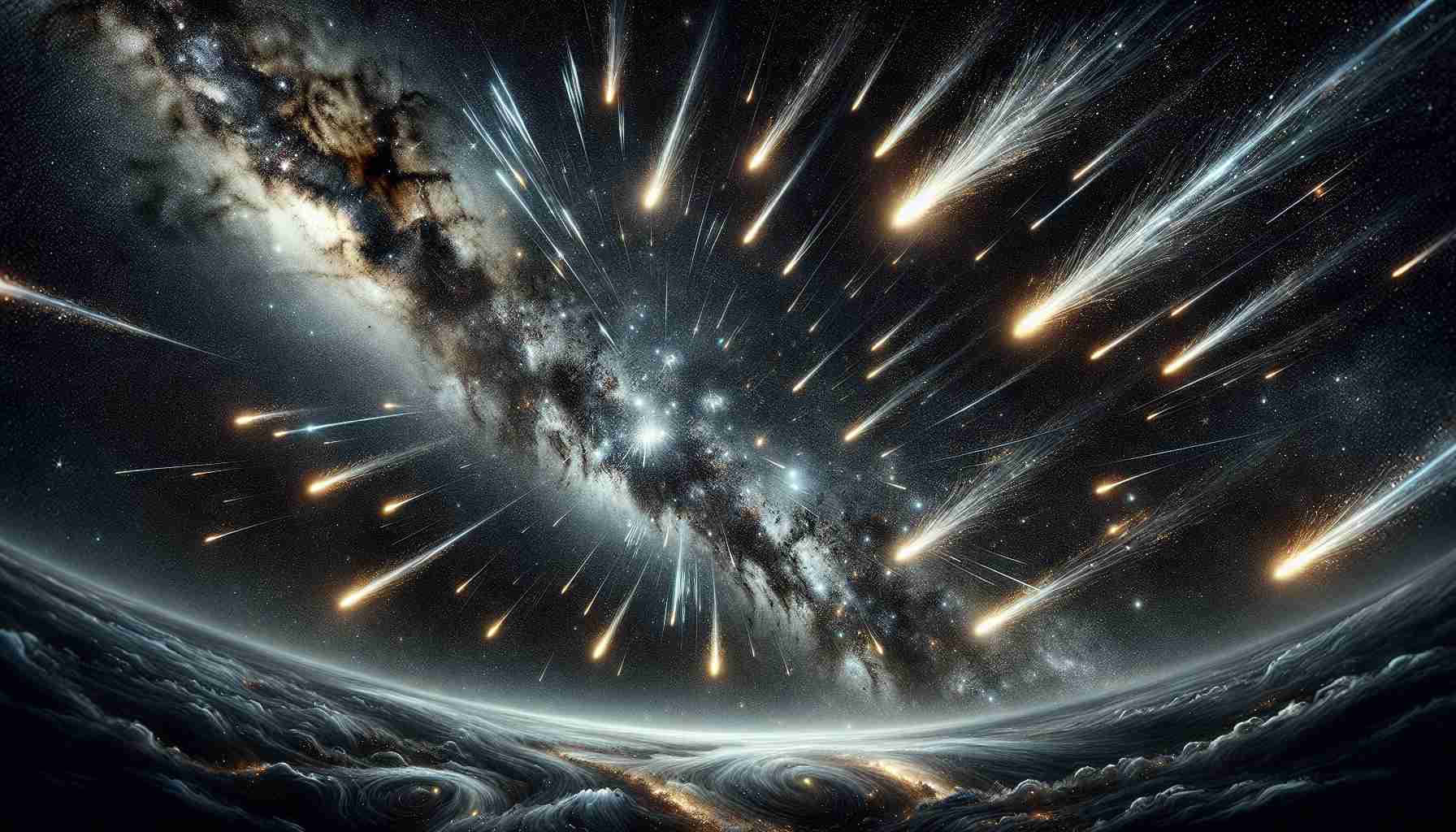 Realistic high-definition image of a remarkable celestial event unfolding in the night sky. This image showcases bright meteor showers radiating across the endless dark blanket, adorned with shimmering stars and swirling nebulae. The depth and detail of the spectacle is impressive, with meteors leaving gleaming trails in their wake. The awe-inspiring details of this cosmic dance truly characterize the majesty of our universe.