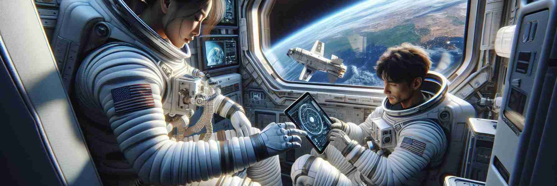 Realistic, high-definition depiction of the following scenario: an Asian female astronaut and a Middle Eastern male astronaut, both donning space suits, accommodating themselves in a tight spacecraft. The woman is carefully checking a tangible space equipment, embodying the immense responsibility they have. The man is flipping through a digital manual displayed on a high-tech screen, exemplifying constant reliance on technology. Outside the spacecraft window, the stunning views of Earth from space are visible, shedding light on the isolation endured by them. Also, a depiction of weightlessness - floating objects inside the spaceship.