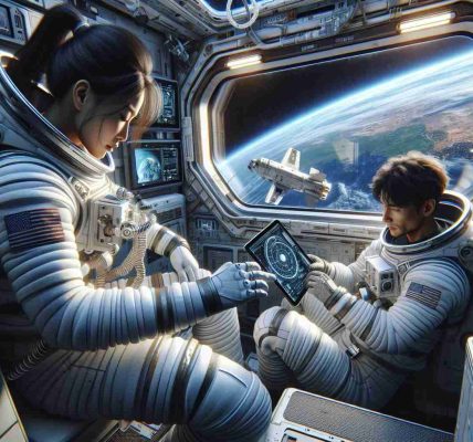 Realistic, high-definition depiction of the following scenario: an Asian female astronaut and a Middle Eastern male astronaut, both donning space suits, accommodating themselves in a tight spacecraft. The woman is carefully checking a tangible space equipment, embodying the immense responsibility they have. The man is flipping through a digital manual displayed on a high-tech screen, exemplifying constant reliance on technology. Outside the spacecraft window, the stunning views of Earth from space are visible, shedding light on the isolation endured by them. Also, a depiction of weightlessness - floating objects inside the spaceship.