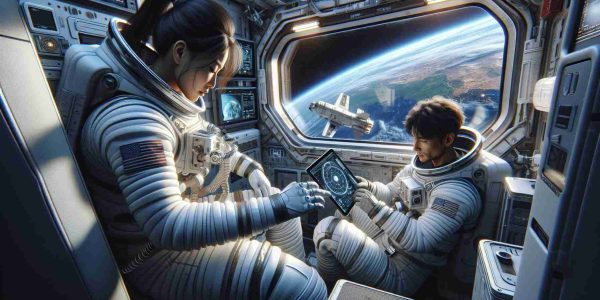 Realistic, high-definition depiction of the following scenario: an Asian female astronaut and a Middle Eastern male astronaut, both donning space suits, accommodating themselves in a tight spacecraft. The woman is carefully checking a tangible space equipment, embodying the immense responsibility they have. The man is flipping through a digital manual displayed on a high-tech screen, exemplifying constant reliance on technology. Outside the spacecraft window, the stunning views of Earth from space are visible, shedding light on the isolation endured by them. Also, a depiction of weightlessness - floating objects inside the spaceship.