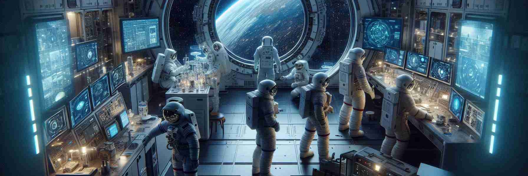 Create a realistic, high-definition image that depicts the extensive stay of astronauts in outer space. The scene should portray astronauts of diverse descents, including a Hispanic and a South Asian astronaut, each donning space suits and occupying different areas of a detailed, scientifically accurate space station. Visual elements might include astronauts performing research experiments, viewing digital screens displaying technical data, or maintaining the equipment. Also depict the vista of outer space through the window, with the infinity of stars and distant planets in view.