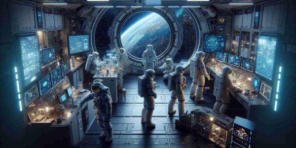 Create a realistic, high-definition image that depicts the extensive stay of astronauts in outer space. The scene should portray astronauts of diverse descents, including a Hispanic and a South Asian astronaut, each donning space suits and occupying different areas of a detailed, scientifically accurate space station. Visual elements might include astronauts performing research experiments, viewing digital screens displaying technical data, or maintaining the equipment. Also depict the vista of outer space through the window, with the infinity of stars and distant planets in view.