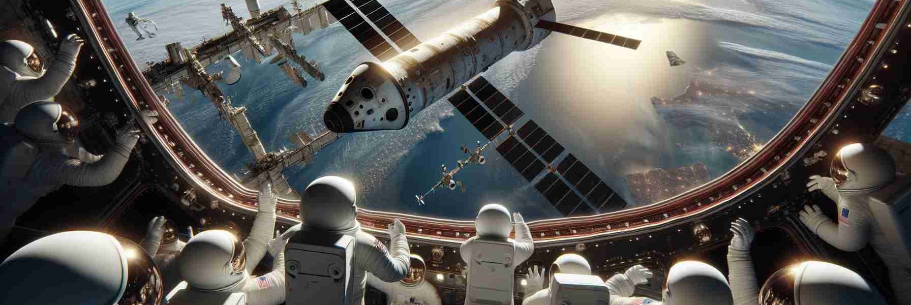 Create a high-definition image with a realistic art style where a SpaceX spacecraft arrives safely to rescue astronauts. The scene should capture the spacecraft approaching and hovering near the International Space Station, with the earth as a breathtaking backdrop. The astronauts, a presence of both male and female, and of diverse descents such as Caucasian, Hispanic and Middle-eastern, can be seen through the windows of the station, eagerly waiting for the safe arrival of the rescue spacecraft.