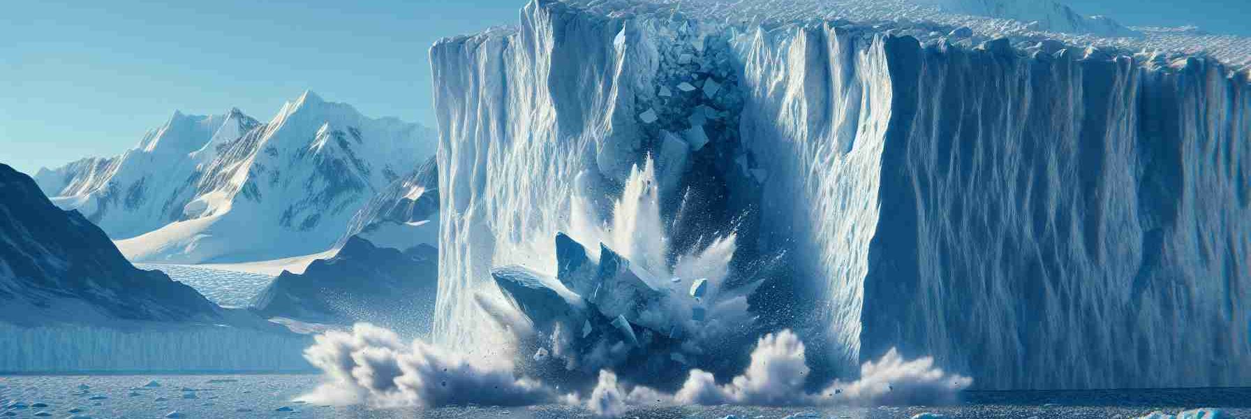 A high-definition, hyperrealistic representation of Thwaites Glacier under accelerated melting conditions. The vast block of ice breaks away in large pieces splashing into the surrounding ocean, creating a scene much like an apocalyptic cataclysm. The ocean waters are seen rising, embodying a global threat. Include detailing of the icy façade showing melting patterns, the deep blue of the ocean, and the disturbed waves resulting from the ice collapse.