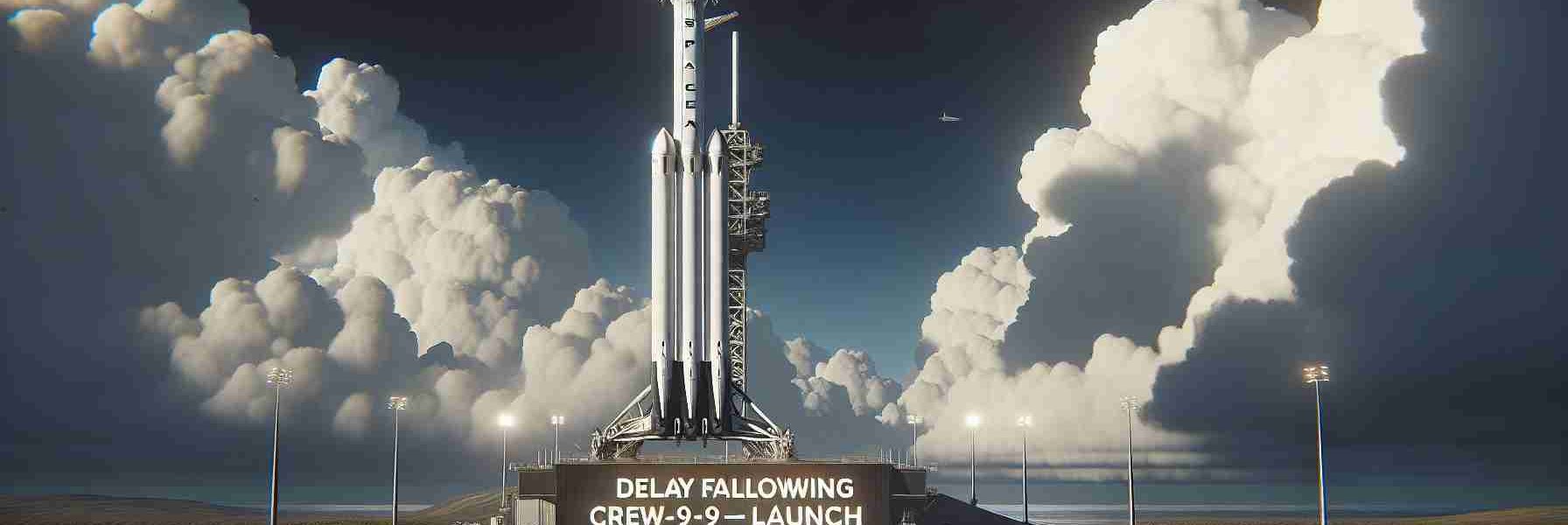 Generate a high-definition, realistic image of the SpaceX Falcon 9 Rocket. The rocket is standing on the launchpad, its exterior gleams under the bright sun. The sky tells a tale of an impending launch delay with dark, heavy clouds gathering in the horizon. Clear text on the foreground says 'Delay Following Crew-9 Launch'.