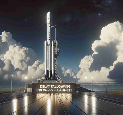 Generate a high-definition, realistic image of the SpaceX Falcon 9 Rocket. The rocket is standing on the launchpad, its exterior gleams under the bright sun. The sky tells a tale of an impending launch delay with dark, heavy clouds gathering in the horizon. Clear text on the foreground says 'Delay Following Crew-9 Launch'.