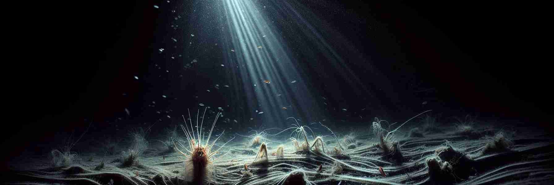 An artistic, high-definition capture of a surprising host of predators in the impenetrable darkness of the deep ocean. The scene should highlight the marvel of underwater creatures that typically do not fit the common predator mold, with attention paid to bioluminescent details and adaptive features. The underwater landscape should be murky and mysterious, with surfaces blurred by the depth but still subtly visible. A bright, solitary beam of light from an exploratory submersible creates dramatic illumination, casting complex shadows and bringing the predator subjects into stark relief against their chilling, enigmatic habitat.