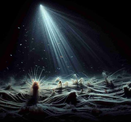 An artistic, high-definition capture of a surprising host of predators in the impenetrable darkness of the deep ocean. The scene should highlight the marvel of underwater creatures that typically do not fit the common predator mold, with attention paid to bioluminescent details and adaptive features. The underwater landscape should be murky and mysterious, with surfaces blurred by the depth but still subtly visible. A bright, solitary beam of light from an exploratory submersible creates dramatic illumination, casting complex shadows and bringing the predator subjects into stark relief against their chilling, enigmatic habitat.