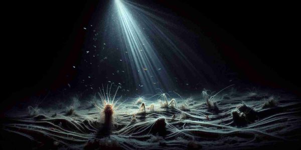 An artistic, high-definition capture of a surprising host of predators in the impenetrable darkness of the deep ocean. The scene should highlight the marvel of underwater creatures that typically do not fit the common predator mold, with attention paid to bioluminescent details and adaptive features. The underwater landscape should be murky and mysterious, with surfaces blurred by the depth but still subtly visible. A bright, solitary beam of light from an exploratory submersible creates dramatic illumination, casting complex shadows and bringing the predator subjects into stark relief against their chilling, enigmatic habitat.