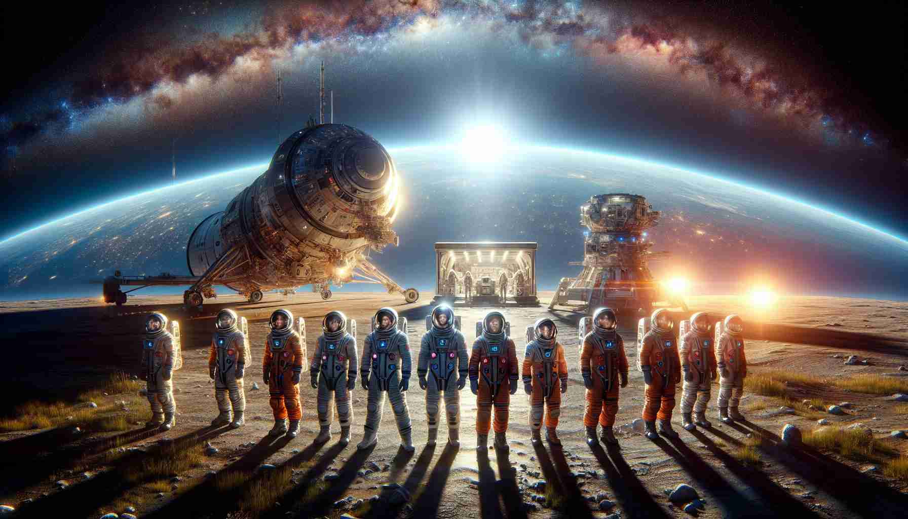 Realistic high-definition image of the fictitious trailblazers of a remarkable space exploration in the unnamed organization's Historic Polaris Dawn Expedition. This includes astronauts of various genders and descents in their spacesuits, standing solemnly before a technologically advanced spacecraft, with the vibrant hues of the earth's atmosphere as a backdrop.