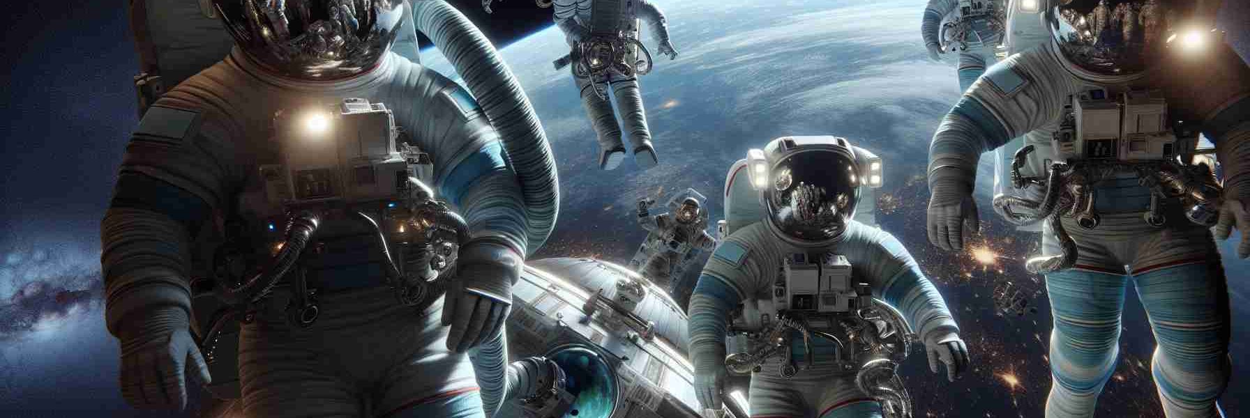 An ultra-high-definition, lifelike illustration of an unprecedented historical event: A team of civilian astronauts embarking on a groundbreaking mission in space exploration. The scene captures the thrilling moment of their spacewalk: their bodies suited up in intricate, pressure-resistant spacesuits; helmets reflecting the dazzling cosmos; the Earth, a radiant blue marble suspending in the distance while they float gently in the zero-gravity environment of outer space, illuminated by the radiant sun. The spacecraft, from which they've just emerged, is a sleek, futuristic model, demonstrating advanced technology.