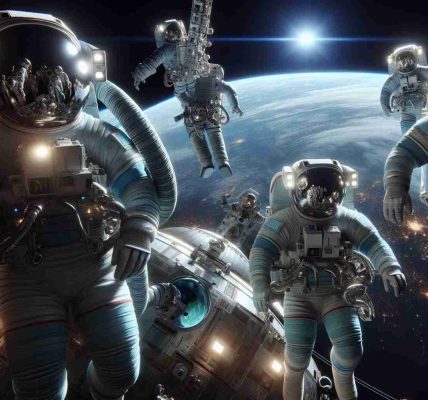 An ultra-high-definition, lifelike illustration of an unprecedented historical event: A team of civilian astronauts embarking on a groundbreaking mission in space exploration. The scene captures the thrilling moment of their spacewalk: their bodies suited up in intricate, pressure-resistant spacesuits; helmets reflecting the dazzling cosmos; the Earth, a radiant blue marble suspending in the distance while they float gently in the zero-gravity environment of outer space, illuminated by the radiant sun. The spacecraft, from which they've just emerged, is a sleek, futuristic model, demonstrating advanced technology.