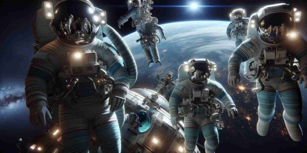 An ultra-high-definition, lifelike illustration of an unprecedented historical event: A team of civilian astronauts embarking on a groundbreaking mission in space exploration. The scene captures the thrilling moment of their spacewalk: their bodies suited up in intricate, pressure-resistant spacesuits; helmets reflecting the dazzling cosmos; the Earth, a radiant blue marble suspending in the distance while they float gently in the zero-gravity environment of outer space, illuminated by the radiant sun. The spacecraft, from which they've just emerged, is a sleek, futuristic model, demonstrating advanced technology.