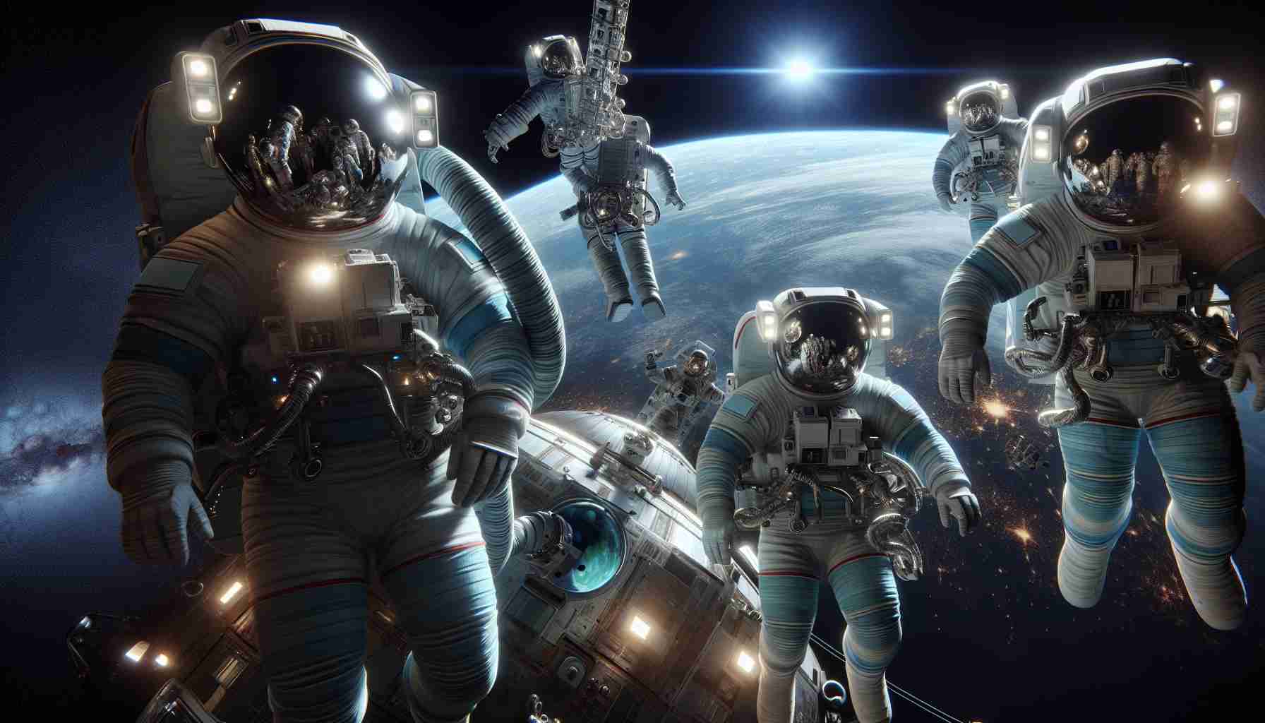 An ultra-high-definition, lifelike illustration of an unprecedented historical event: A team of civilian astronauts embarking on a groundbreaking mission in space exploration. The scene captures the thrilling moment of their spacewalk: their bodies suited up in intricate, pressure-resistant spacesuits; helmets reflecting the dazzling cosmos; the Earth, a radiant blue marble suspending in the distance while they float gently in the zero-gravity environment of outer space, illuminated by the radiant sun. The spacecraft, from which they've just emerged, is a sleek, futuristic model, demonstrating advanced technology.