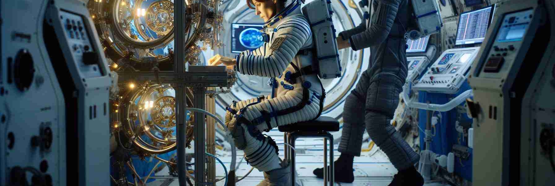 High definition photo of a scene depicting the challenges faced by astronauts during extended stays in space. This includes, a middle eastern female astronaut conducting an experiment in microgravity, using complex equipment. Across from her, a Hispanic male astronaut is simultaneously exercising on a specially designed machine to maintain physical health. Use the International Space Station as a reference for the environment but do not depict any specific identifiable features or logos.