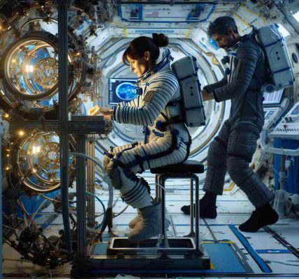 High definition photo of a scene depicting the challenges faced by astronauts during extended stays in space. This includes, a middle eastern female astronaut conducting an experiment in microgravity, using complex equipment. Across from her, a Hispanic male astronaut is simultaneously exercising on a specially designed machine to maintain physical health. Use the International Space Station as a reference for the environment but do not depict any specific identifiable features or logos.