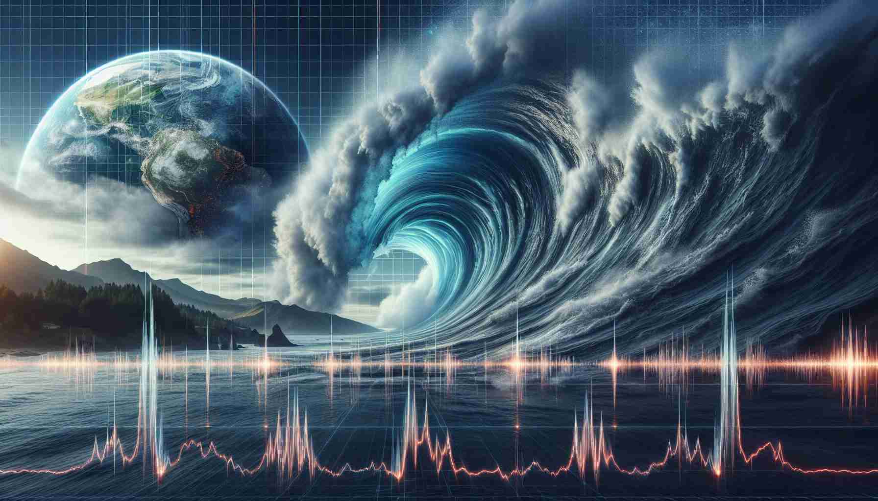 An HD image reflecting the impacts of climate change, showcasing an unparalleled tsunami wave cresting in the ocean against a sullen sky. Picture this: the ocean water is roused with a furious strength, thrusting high into the sky and threatening the calm coastline seen in the distance. Alongside, illustrate global seismic vibrations indicated by jagged lines splitting the earth, signifying powerful underlying tectonic movement.