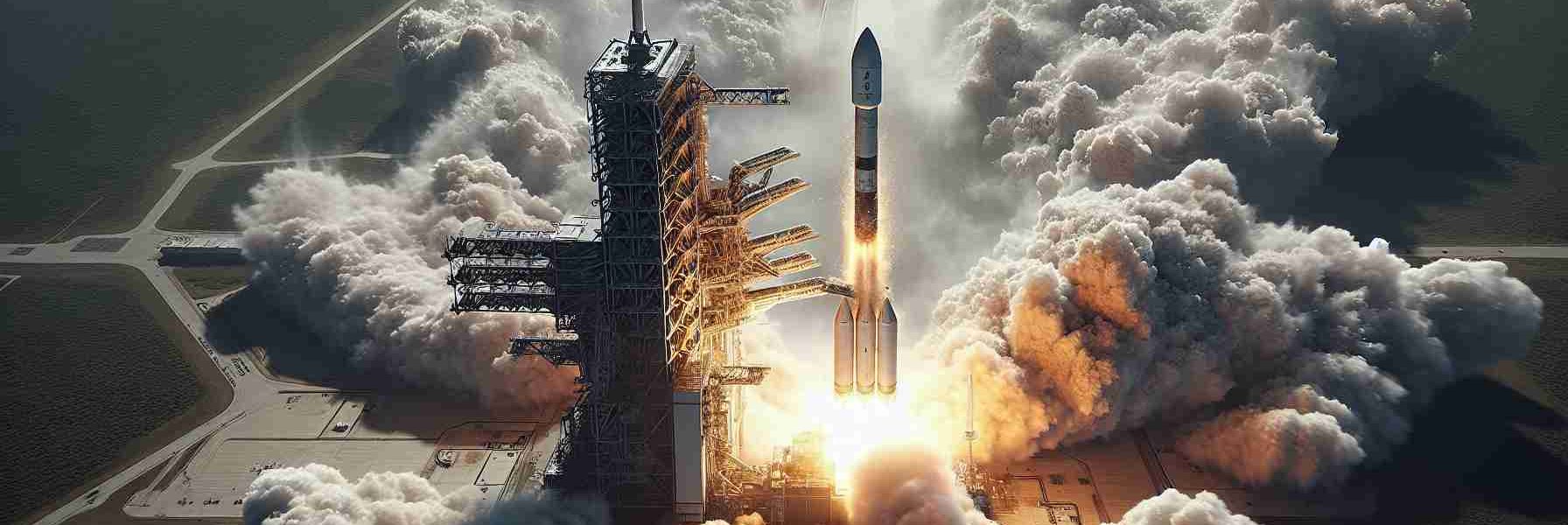 Generate an High Definition, photo-realistic image of a generic space exploration company's latest satellite launch. Show the intense roar of the rocket as it surges skyward, a plume of vapor trailing behind. Display the vast stretch of the launch platform and control center in the distance. Include details like the intricate design of the satellite packed atop the rocket, ready for deployment.