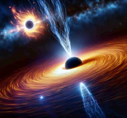 Visual depiction of an unexpected connection between a black hole's jets and a stellar explosion. The image is to be rendered in a realistic HD style, showing the vastness of the universe, with a black hole in the center emitting strong jets, possibly affecting and interacting with a distant stellar explosion. Increased vibrancy and clarity can highlight the contrast between the black hole and the space around it, as well as the bright and fiery expansion of a star due to a supernova.