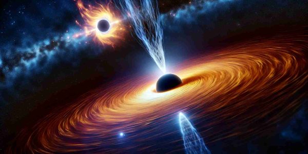 Visual depiction of an unexpected connection between a black hole's jets and a stellar explosion. The image is to be rendered in a realistic HD style, showing the vastness of the universe, with a black hole in the center emitting strong jets, possibly affecting and interacting with a distant stellar explosion. Increased vibrancy and clarity can highlight the contrast between the black hole and the space around it, as well as the bright and fiery expansion of a star due to a supernova.