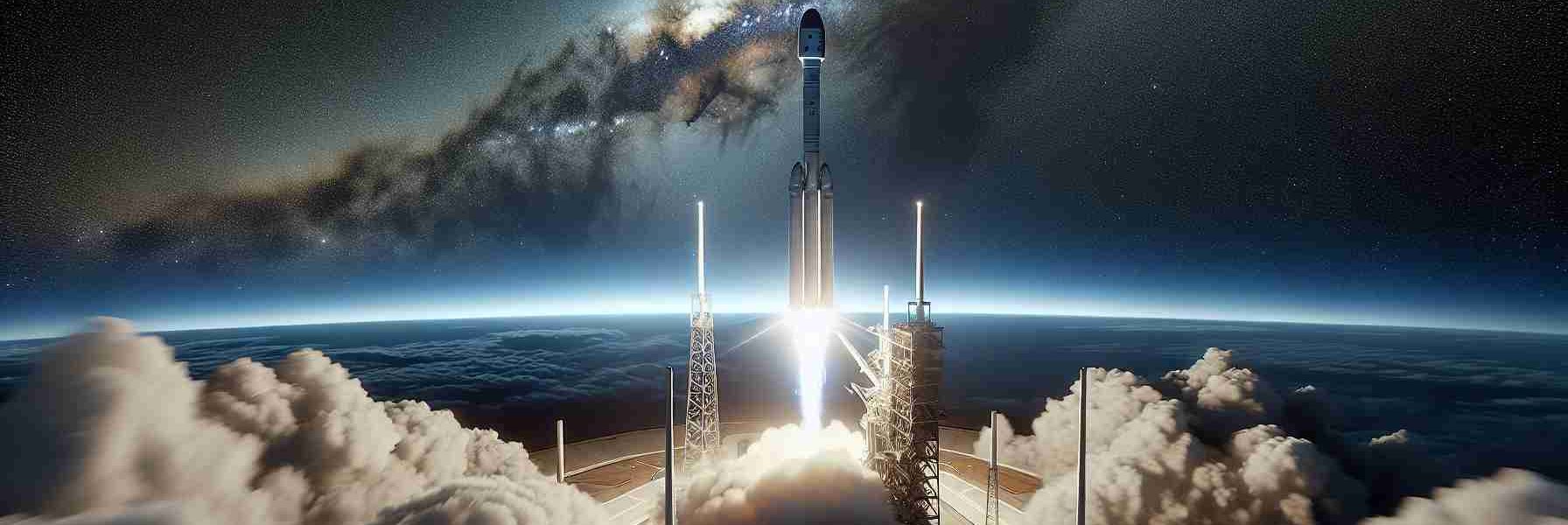 Generate a realistic, high-definition image depicting a pioneering event in space tourism. Show the launch of a spacecraft called 'Polaris Dawn'. The spacecraft rises into the sky from its launch pad, leaving behind a trail of white clouds and smoke. The sky above is an awe-inspiring mixture of blues and whites - the boundary of Earth and space. There are watchers in the far-off distance, their faces lit up by the spectacle. Ensure the focus is on the spacecraft, capturing the ambition and progress of space-travel technology.