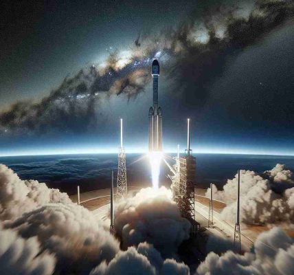 Generate a realistic, high-definition image depicting a pioneering event in space tourism. Show the launch of a spacecraft called 'Polaris Dawn'. The spacecraft rises into the sky from its launch pad, leaving behind a trail of white clouds and smoke. The sky above is an awe-inspiring mixture of blues and whites - the boundary of Earth and space. There are watchers in the far-off distance, their faces lit up by the spectacle. Ensure the focus is on the spacecraft, capturing the ambition and progress of space-travel technology.