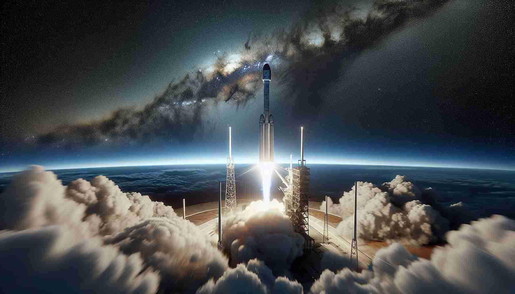 Generate a realistic, high-definition image depicting a pioneering event in space tourism. Show the launch of a spacecraft called 'Polaris Dawn'. The spacecraft rises into the sky from its launch pad, leaving behind a trail of white clouds and smoke. The sky above is an awe-inspiring mixture of blues and whites - the boundary of Earth and space. There are watchers in the far-off distance, their faces lit up by the spectacle. Ensure the focus is on the spacecraft, capturing the ambition and progress of space-travel technology.