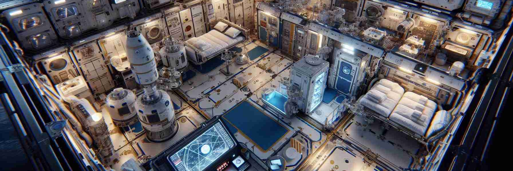 A realistic, high-definition image that showcases the extended stay area for astronauts on the International Space Station. The depicted area should include the living quarters with state-of-the-art equipment and facilities. The tight spaces, zero-gravity environment, and sci-fi look should be highlighted. The image should depict elements like sleeping pods, exercise equipment, and food and drink facilities. Also, include features indicative of research and exploration activities like observation windows, workstations with computers, and scientific tools. Remember to show signs of habitation, with small details like personal items floating around, a sense of organization within chaos. The ambiance should reflect the uniqueness of living above Earth.