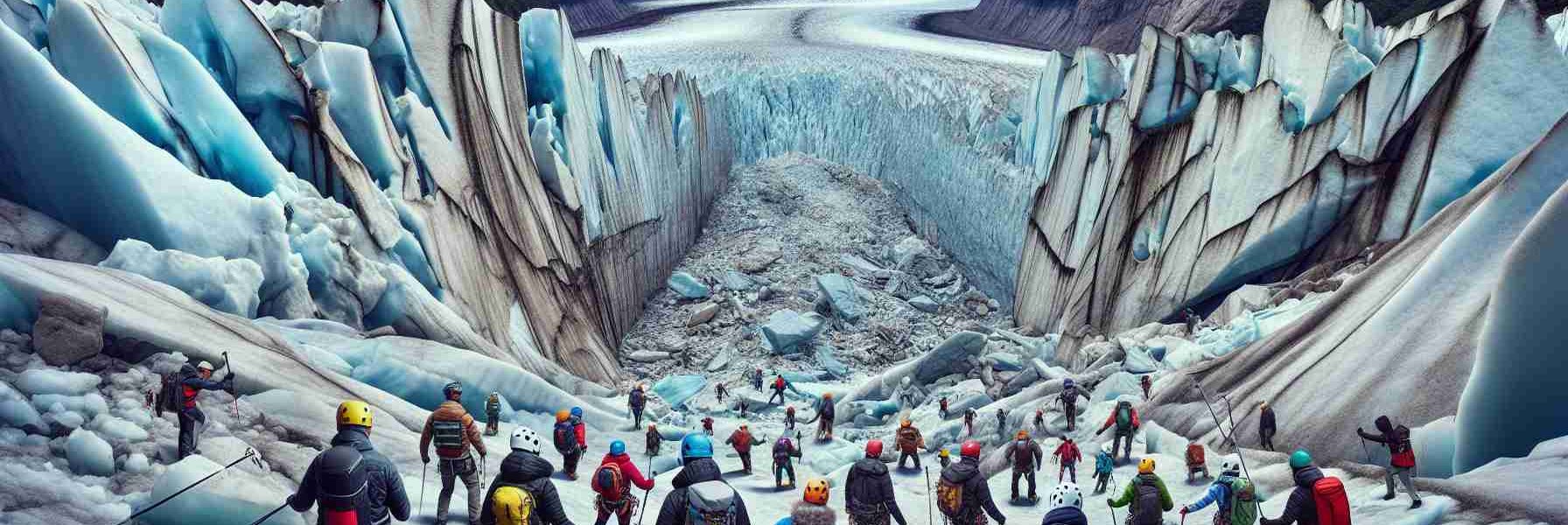 A vivid, high-definition image capturing the inherent dangers of glacier tourism. The scene features a group of people, varying in descent – Caucasians, Blacks, Middle-Eastern, and Hispanics. They are equipped with safety gears like helmets, harnesses, and ice axes, cautiously navigating the icy slopes of a vast, mighty glacier. There are visible signs of global warming, such as melting ice and wide crevasses. The sky above is cloudy, with a foreboding sense of nature's wrath. The landscape is both breathtakingly beautiful, hinting at the allure of such adventures, and soberingly perilous, pointing to the growing risks involved.