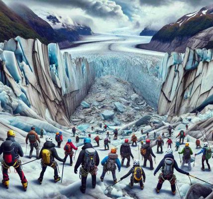 A vivid, high-definition image capturing the inherent dangers of glacier tourism. The scene features a group of people, varying in descent – Caucasians, Blacks, Middle-Eastern, and Hispanics. They are equipped with safety gears like helmets, harnesses, and ice axes, cautiously navigating the icy slopes of a vast, mighty glacier. There are visible signs of global warming, such as melting ice and wide crevasses. The sky above is cloudy, with a foreboding sense of nature's wrath. The landscape is both breathtakingly beautiful, hinting at the allure of such adventures, and soberingly perilous, pointing to the growing risks involved.