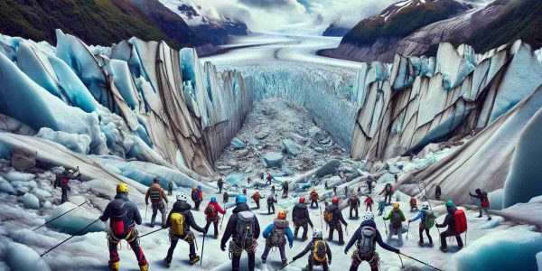 A vivid, high-definition image capturing the inherent dangers of glacier tourism. The scene features a group of people, varying in descent – Caucasians, Blacks, Middle-Eastern, and Hispanics. They are equipped with safety gears like helmets, harnesses, and ice axes, cautiously navigating the icy slopes of a vast, mighty glacier. There are visible signs of global warming, such as melting ice and wide crevasses. The sky above is cloudy, with a foreboding sense of nature's wrath. The landscape is both breathtakingly beautiful, hinting at the allure of such adventures, and soberingly perilous, pointing to the growing risks involved.