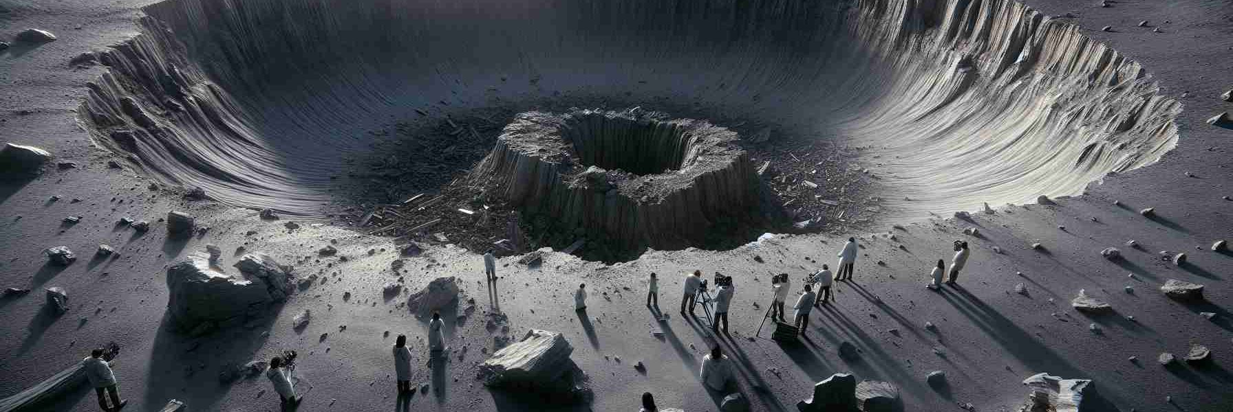 A high-definition, lifelike image of an enigmatic crater that has sparked scientific intrigue. The scene is set in a vast, desolate landscape. At the center stands a massive, irregularly shaped pit with steep cliff-like edges; its depth unfathomable, cloaked in shadows. Around the crater, debris and shattered rocks, remnants of the impacting event, are scattered. A team of multi-racial, multi-gender scientists are investigating the site, equipped with scientific instruments, taking measurements and observations, their faces filled with curiosity and determination.