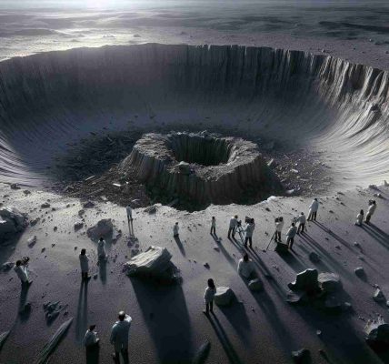 A high-definition, lifelike image of an enigmatic crater that has sparked scientific intrigue. The scene is set in a vast, desolate landscape. At the center stands a massive, irregularly shaped pit with steep cliff-like edges; its depth unfathomable, cloaked in shadows. Around the crater, debris and shattered rocks, remnants of the impacting event, are scattered. A team of multi-racial, multi-gender scientists are investigating the site, equipped with scientific instruments, taking measurements and observations, their faces filled with curiosity and determination.